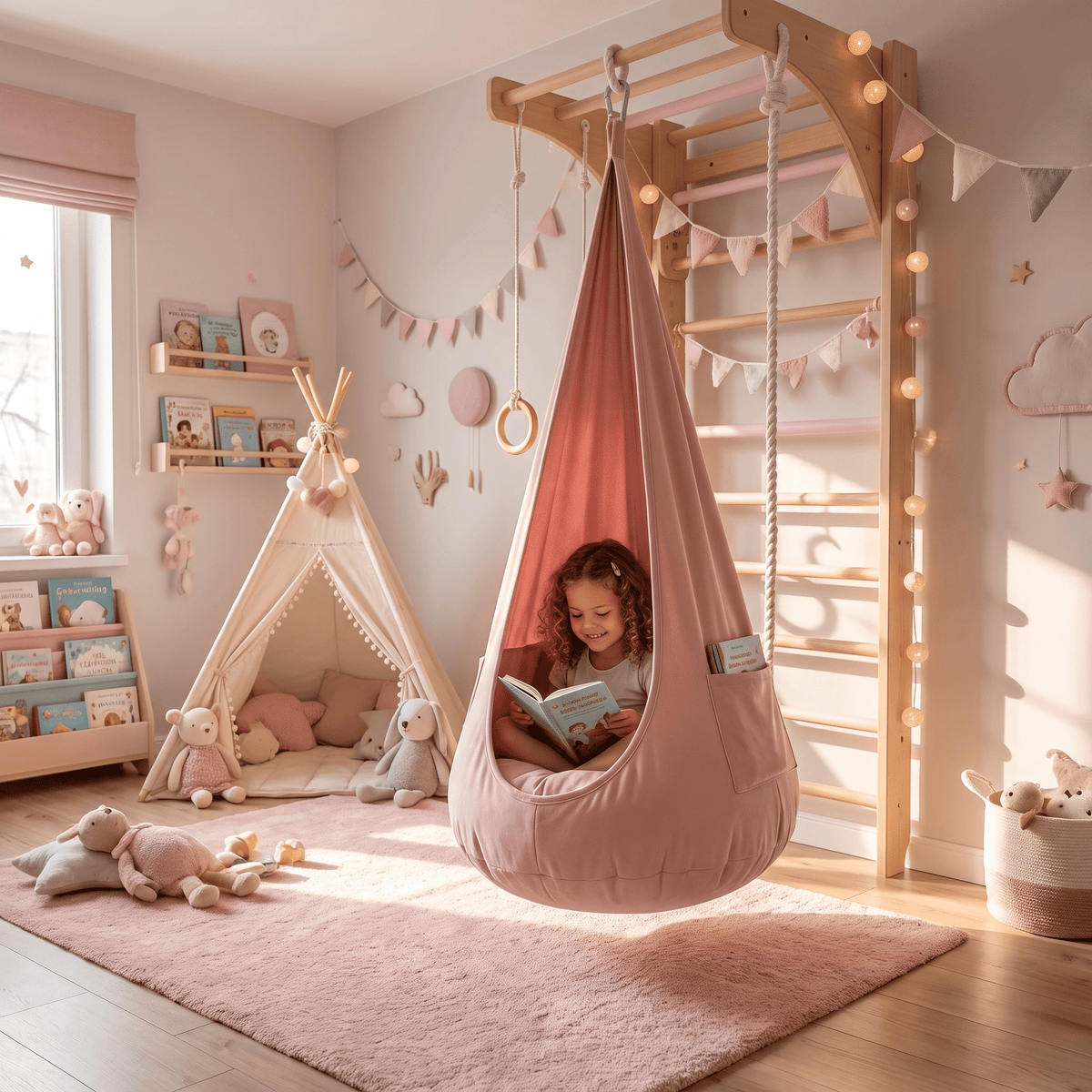 Kokon wiszący dla dzieci 2 w 1 – huśtawka z wyjmowaną pufą, 2–12 lat - POOM KIDS®