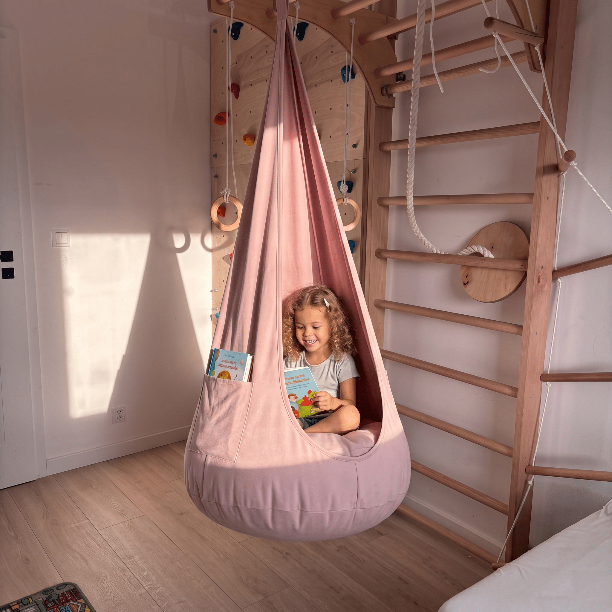 Kokon wiszący dla dzieci 2 w 1 – huśtawka z wyjmowaną pufą, 2–12 lat - POOM KIDS®