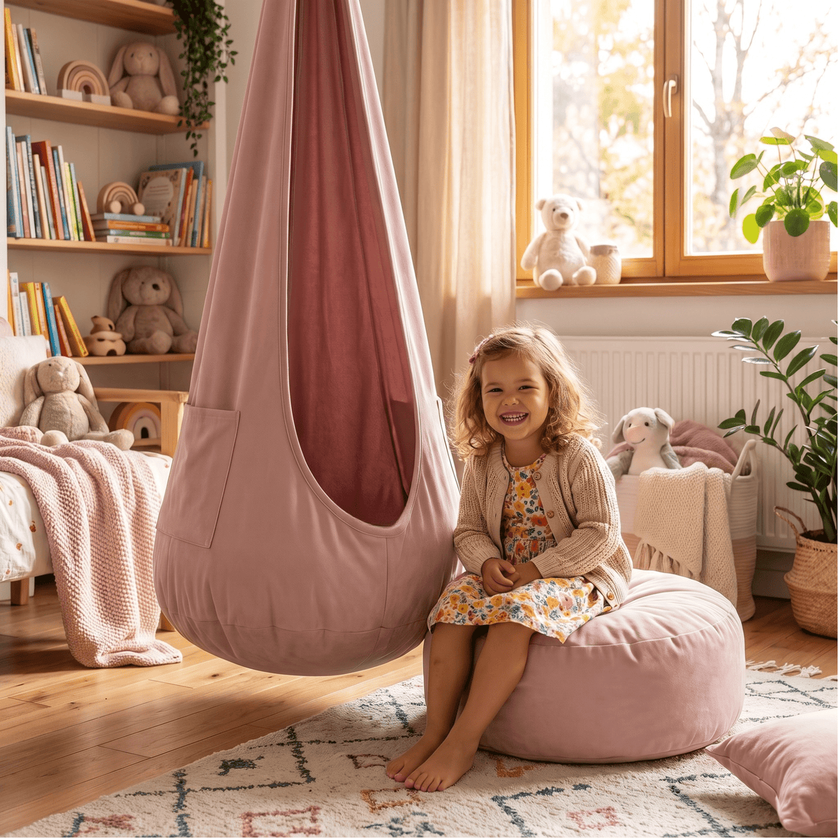 Kokon wiszący dla dzieci 2 w 1 – huśtawka z wyjmowaną pufą, 2–12 lat - POOM KIDS®