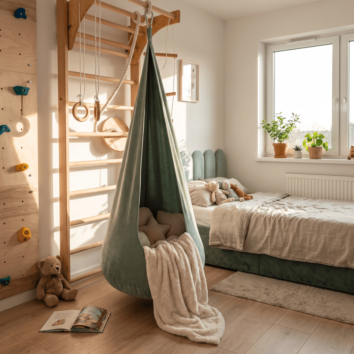 Kokon wiszący dla dzieci 2 w 1 – huśtawka z wyjmowaną pufą, 2–12 lat - POOM KIDS®
